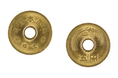 Close up the Five Yen Japanese Coin isolated on a white background