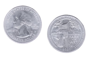 Obverse and reverse sides of the Weir Farm National Historic Park 2020P Commemorative Quarter, part of the America the Beautiful Commemorative Quarters Program isolated on a white background