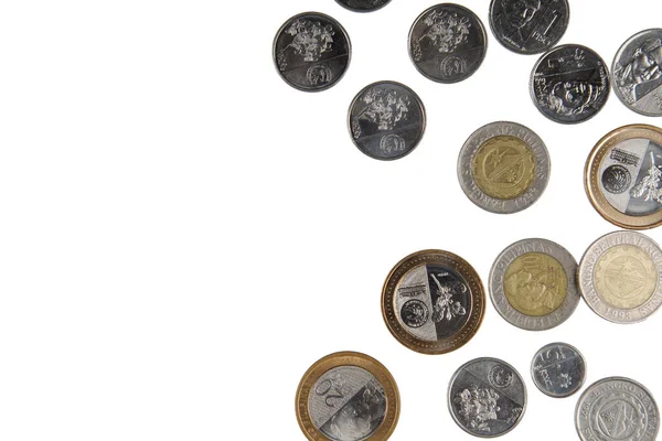 Ένα Επίπεδο Φόντο Lay Των Ιαπωνικών Νομισμάτων Που Απομονώνονται Λευκό — Φωτογραφία Αρχείου