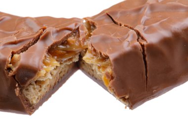 A delicious chocolate and caramel bar isolated on a white background