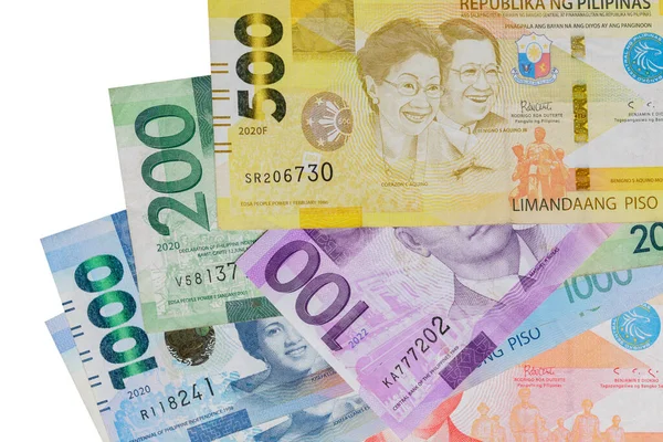 Beyaz Arka Planda Izole Edilmiş Filipin Para Birimi Kolajını Kapat — Stok fotoğraf