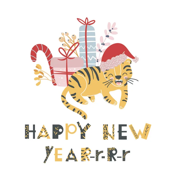 Happy New Year. 2022. Cute little tiger as a symbol of chinese holiday. Lettering. Greeting card. Illustration for kid. Flat scandinavian style. For calendar,Cards,Advertising — Stock Vector