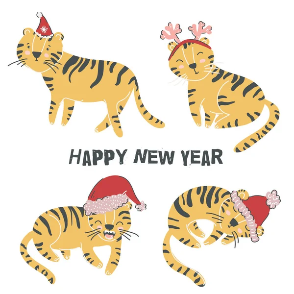 Happy New Year. 2022. Bundle of little cute tigers, symbol of chinese New Year. Flat scandinavian style. Illustration for kids. Hand drawn cliparts set. Perfect for calendar, cards, advertising. — Stock Vector
