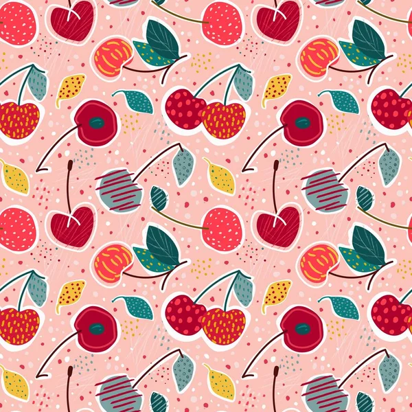 Patrón sin costuras con cerezas de garabato lindo. Ilustración dibujada a mano vectorial con cereza. Fondo de verano en estilo escandinavo. Fondo de pantalla de frutas de colores. Lindo diseño de impresión de bebé. Fondo de la baya. — Vector de stock