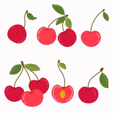 Beyaz arka planda olgun kirazların vektör çizimi. Sulu böğürtlen ve yeşil yapraklı. Bir dizi taze el çizilmiş kırmızı kiraz, tam, çift, grup ve yarısı izole edilmiş arka planda..