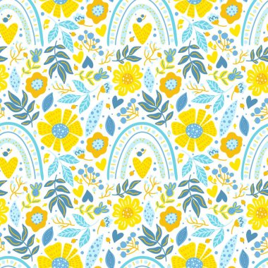 Sarı ve mavi renkli gökkuşağı desenli kusursuz el çizimi çiçek deseni. Yaratıcı çiçek soyut dokusu. Kumaş ve tekstil için harika. Vektör İllüstrasyonu. Ukrayna renk deseni.