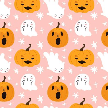 Tatlı Cadılar Bayramı vektörleri çizgi film hayaletleri, balkabakları ve daha komik elementlerle dizilmiş. Pembe arka planda el çizimi Cadılar Bayramı öğeleri. Vektör illüstrasyonu.