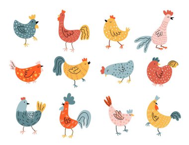 Vektör renkli tavuklar, tavuklar, horozlar. Doodle illüstrasyonu beyaz arkaplanda izole edildi. Bir grup kuş. Paskalya tavuğu koleksiyonu. Vektör illüstrasyonu