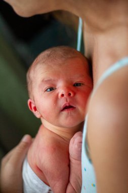 tapılası yeni doğmuş bir bebek annesinin göğsünde huzur içinde uyuyor.