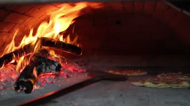 Pizza bakning i trä eldas ugnen — Stockvideo