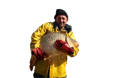 Fisherman Holding a Big Fish Isolated On White clipart