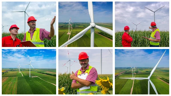 Dva Dělníci Ochranném Oblečení Větrné Farmě Foto Koláž Inženýr Bezpečnosti — Stock fotografie