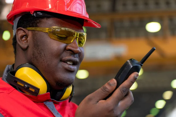 Black Worker Protective Workwear Talking Radio Communication Equipment Factory Portrait — Stock Photo, Image