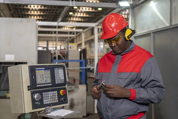 African American Cnc Machine Operator Protective Workwear Checking Measurements Vernier — Stock Photo, Image
