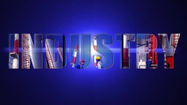 Endüstri - Mavi Arkaplanda Animasyon Metni. Endüstriyel medya video duvarı. Endüstriyel Üretim, Geliştirme ve Büyüme.
