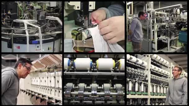 纺织工业概念视频墙 服装厂自动化生产 软管制造自动化机前面的工程师 工业机械人协会 — 图库视频影像