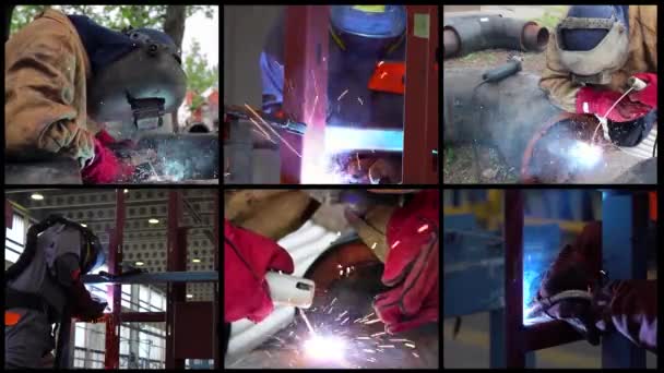 Welding Conceptual Multi Screen Video Welders Torch Welding Sparks Molten – Stock-video