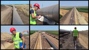 Doğal Gaz Boru Hattı İnşaat Sitesi Çoklu Ekran Videosu. İnşaat ustası, Boru Hattı İnşaat Alanında İlerleme Kontrol Ediyor. Boru Hattı İnşaat Alanının Drone Bakış Alanı. Türk Akımı.