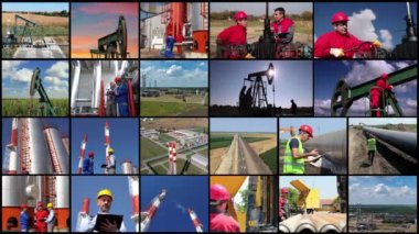 Petrol ve Gaz Keşfi ve Üretim Konsepti Video Duvarı. Ham Yağ Çekimi ve Rafineri. Petrol Rafineri işçileri iş başında. Doğal Gaz İşleme Tesisi. Petrol Pompası Jack Petrol Pompalama. 