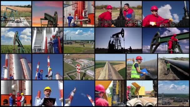 石油とガス探査と生産の概念的なマルチスクリーンビデオ 原油の抽出と精製 石油精製業の労働者 天然ガス処理工場 油田ポンプジャックポンプ油 — ストック動画