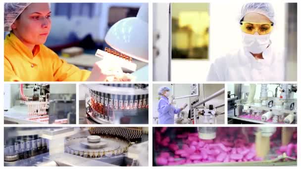 Pharmaceutical Production Line Conceptual Video Wall Przemysł Farmaceutyczny Produkcja Szczepionek — Wideo stockowe