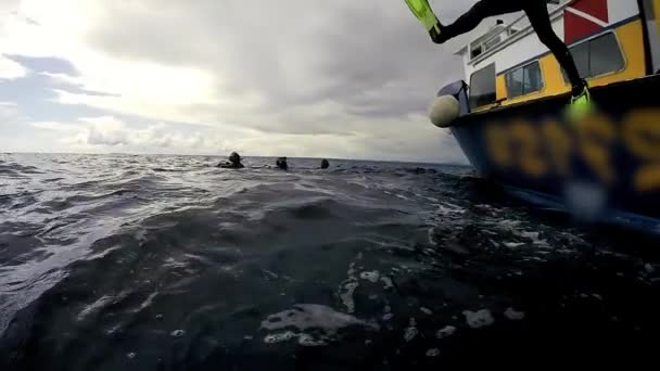 Scuba Diver Jumping Dive Boat Szybki Aparat Fotograficzny Strzał Zwolnionym — Wideo stockowe