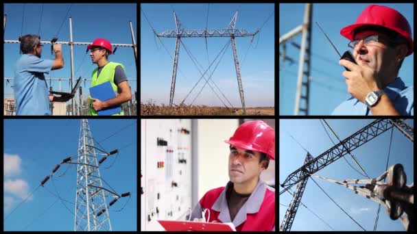 Elektrische Stromübertragung Und Stromverteilung Arbeiter Bei Der Arbeit Animierten Multi — Stockvideo