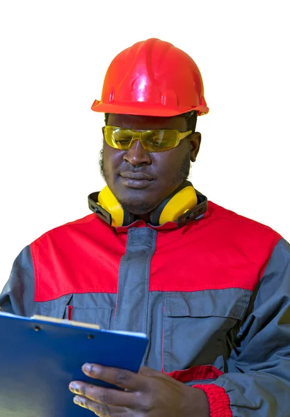 African American Worker Personal Protective Equipment Writing Clipboard Isolerad Vit — Stockfoto