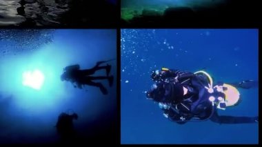 Scuba Dalış Animasyon Çoklu Ekran Video Montajı. Açık Su Dalışı. Dalgıç dalış teknesinden atlıyor. Güneş patlamasına karşı tüplü dalgıç silueti. Mağara dalışı. Tekne Dalışı. 