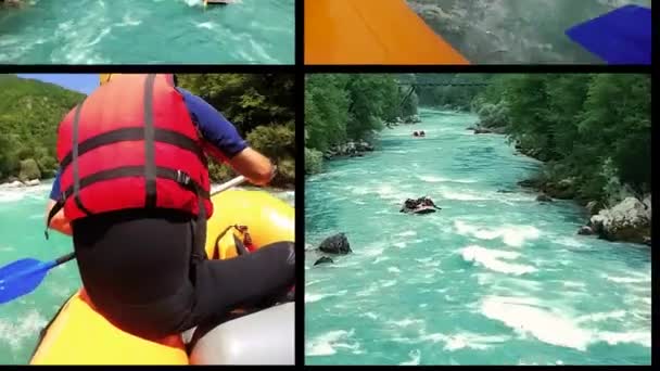 Ludzie Nadmuchiwane Rafting Łodzie Jazda Whitewater Rapids Animowane Multi Screen — Wideo stockowe