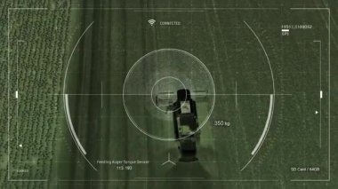 Toplam Hasat Denetim Hasatı Hasat Hasatı Hasatı için Akıllı Tarım Uygulamasına sahip Tarım Dronu. Akıllı Tarım Teknolojileri. Buğday hasadını birleştiren hava aracının görüş açısı..