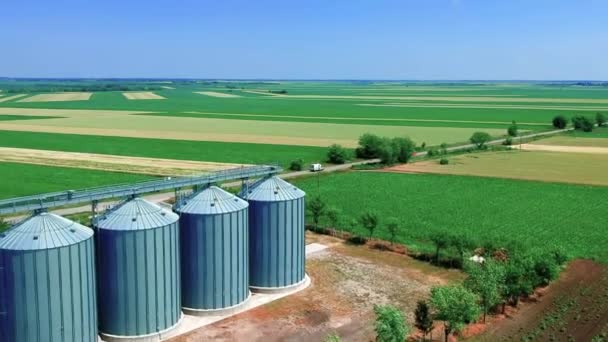 Cubos Almacenamiento Granos Paisaje Agrícola Drone Punto Vista Volando Alto — Vídeo de stock