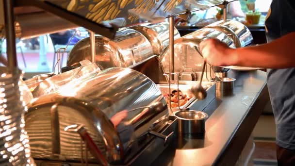 Self Service Catering Buffet Man Choosing Food Warming Trays Restaurant — Stockvideo