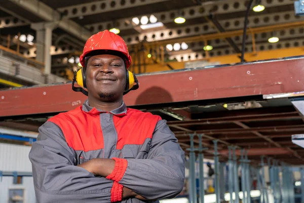 Happy African American Worker Personal Protective Equipment Looking Camera Portrait - Stok İmaj