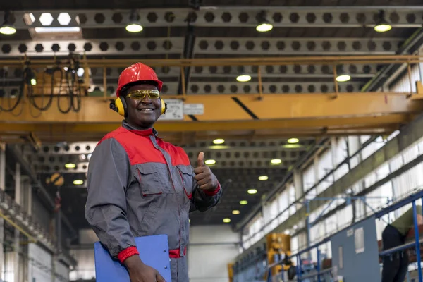 Cheerful African American Blue Collar Worker Giving Thumbs Factory Portrait — Stok fotoğraf