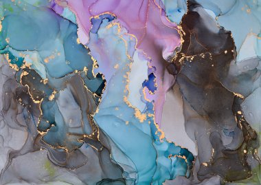 Alkol mürekkebi tekniğinde doğal lüks, soyut, akışkan sanat resimleri. Şefkatli ve rüya gibi duvar kağıtları. Renklerin karışımı şeffaf dalgalar ve altın girdaplar yaratır. Posterler ve diğer basılı materyaller için