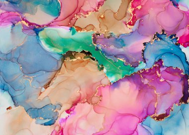 Şeffaf renk akımları, yılan gibi kıvrılan metalik girdaplar ve köpüklü renk spreyleri bu serbest akan dokuların manzarasını şekillendirir. Alkol mürekkebi tekniğindeki doğal lüks, akışkan sanat resimleri.