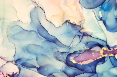 Alkol mürekkebi tekniğinde doğal lüks, soyut, akışkan sanat resimleri. Şefkatli ve rüya gibi duvar kağıtları. Renklerin karışımı şeffaf dalgalar ve altın girdaplar yaratır. Posterler ve diğer basılı materyaller için