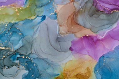 Alkol mürekkebi tekniğinde doğal lüks, soyut, akışkan sanat resimleri. Şefkatli ve rüya gibi duvar kağıtları. Renklerin karışımı şeffaf dalgalar ve altın girdaplar yaratır. Posterler ve diğer basılı materyaller için