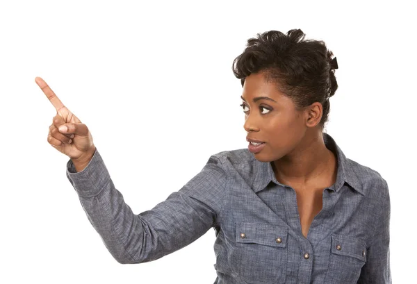 Casual woman pointing — Stock Photo, Image