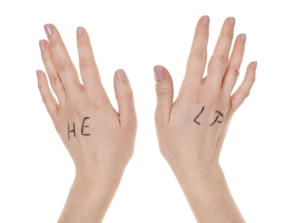 Mãos com mensagem de ajuda — Fotografia de Stock