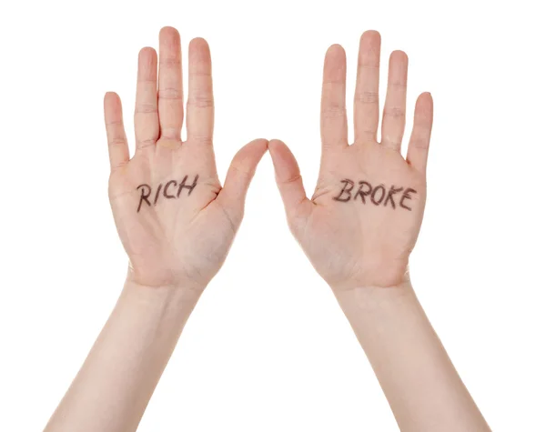 Mãos com rica mensagem quebrada — Fotografia de Stock