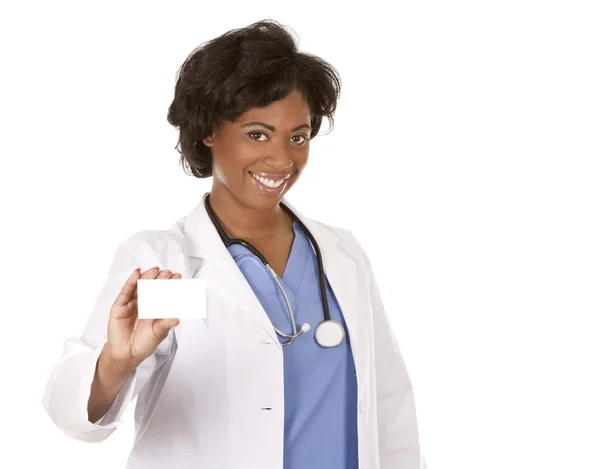Doctor holding business card — Stock Photo, Image