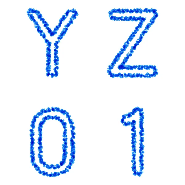 Blue zeepbel alfabet, y, z, 0, 1 — Stockvector
