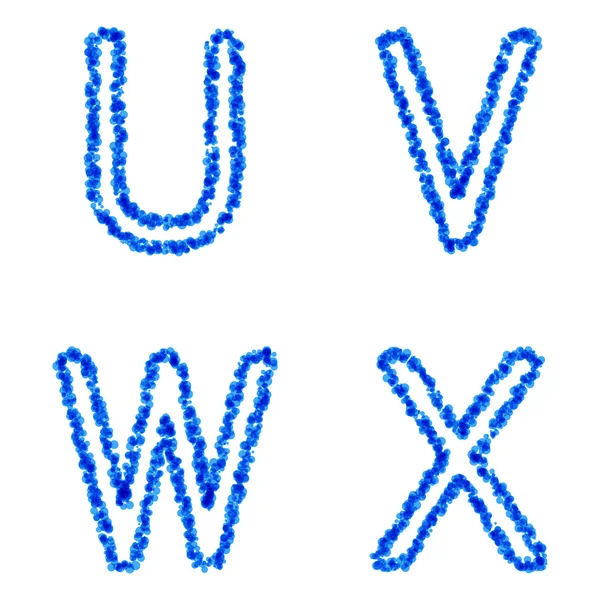 Blue zeepbel alfabet, u, v, w, x — Stockvector