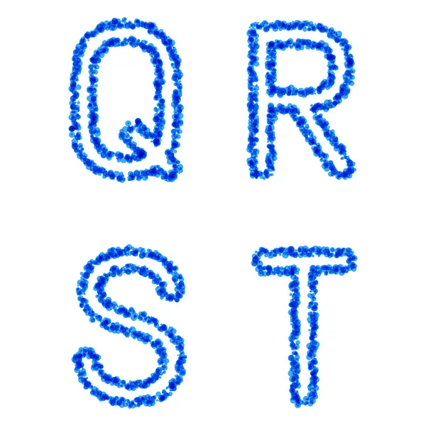 Blaues Vektorblasenalphabet, q, r, s, t — Stockvektor