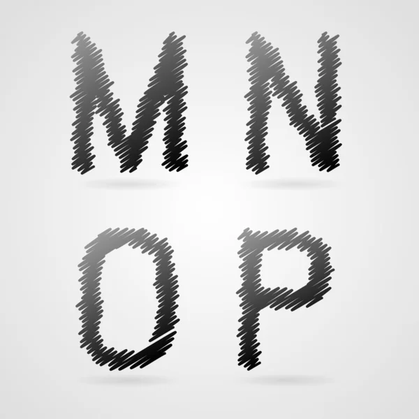 Grijze potlood tekenen alfabet, m, n, o, p — Stockvector