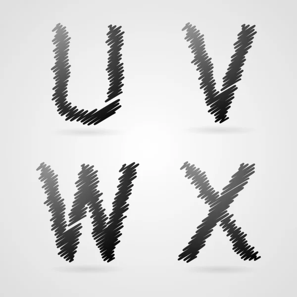 Szary ołówek rysowanie alfabet, u, v, w, x — Wektor stockowy