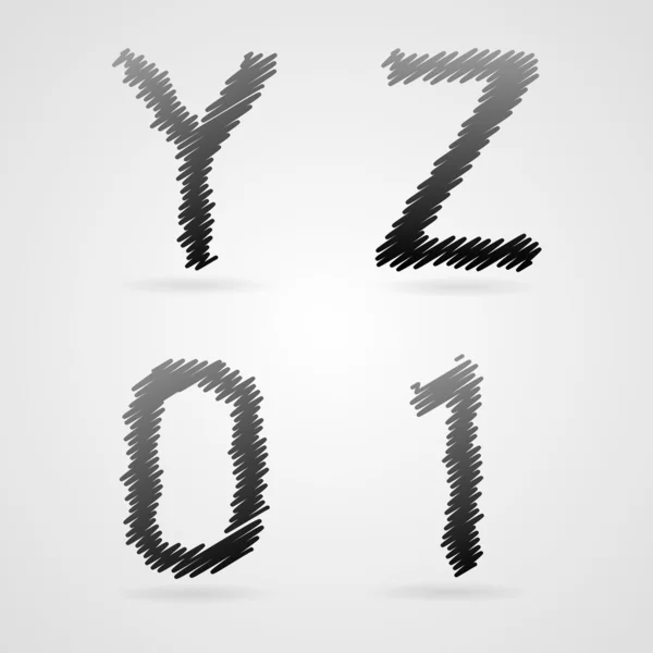 Grå blyertspenna rita alfabetet, y, z, 0, 1 — Stock vektor