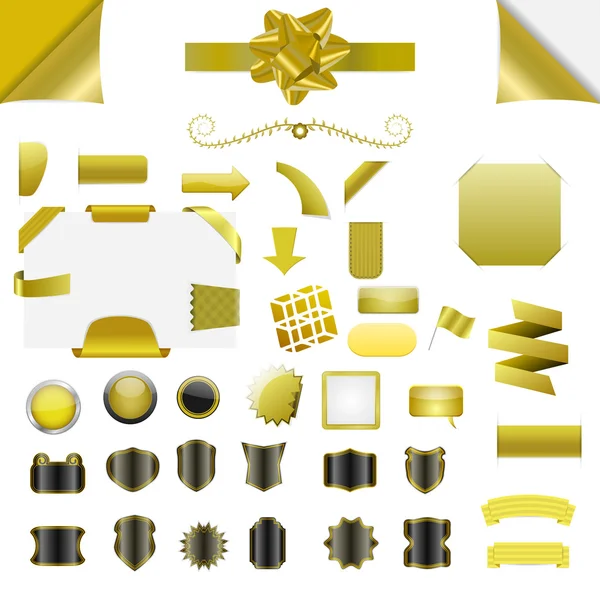 Set of gold blank isolated web elements, buttons, ribbons — Stok Vektör